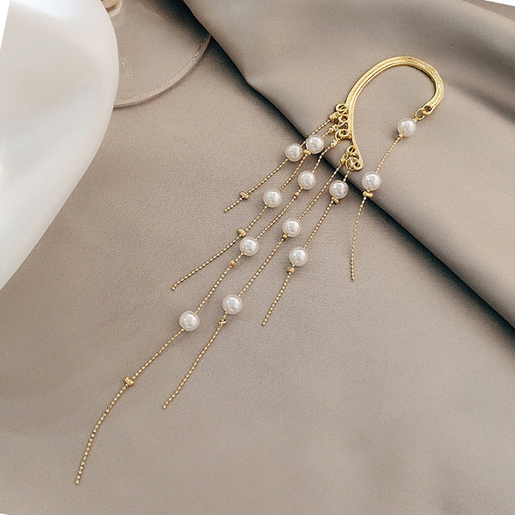 Pearl Goddess Gold Ear Clip Jewelry Tassel One Piece Extra Long Earrings 6.9”