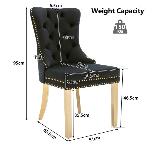 Majestic Black Velvet Gold Metal Leg Dining Chair (Set of 2) Round Pull Ring on the Back
