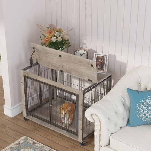 Slate Spot Pet Room Furniture Style Side Table With Wheels, Double Doors and a Raised Top for Dogs and Small Pets in Color Grey 38” x 25” x 27”