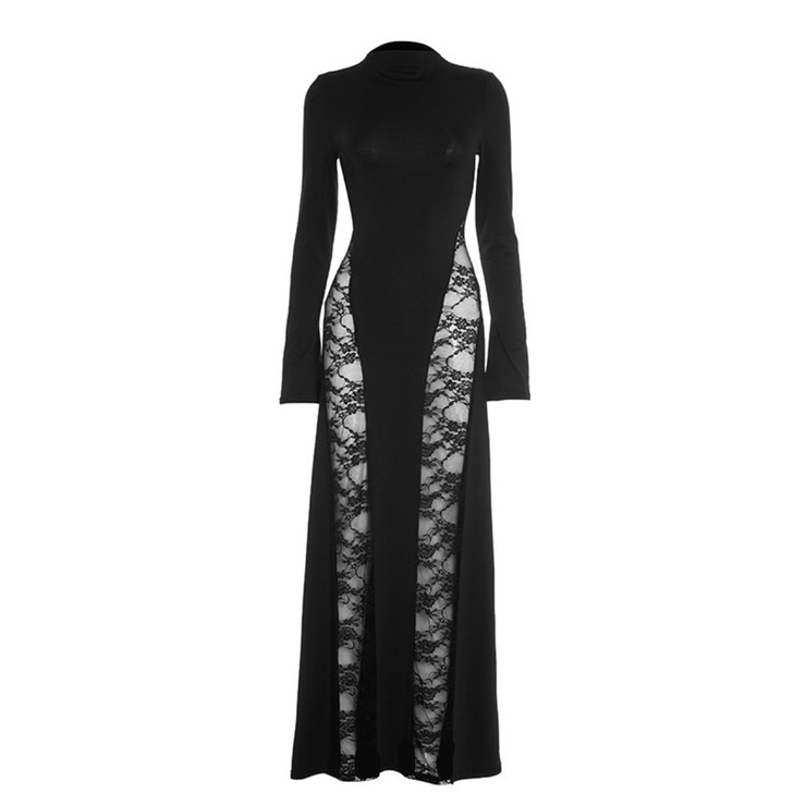 Mystique Deep Stitching Lace Sheath Long Sleeve Socialite Maxi Dress in Black Size S, M, L