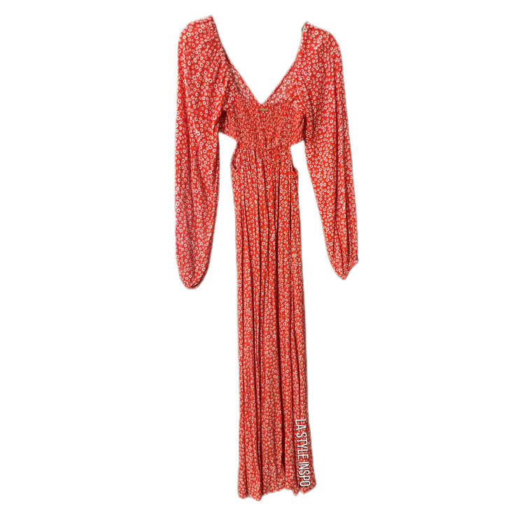 Billabong Goddess Maxi Dress Floral Slit Waist Long Sleeve in Sunset Orange Size XS