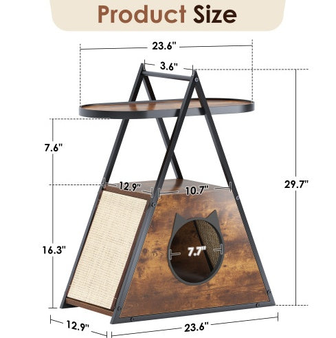 Cat & Meow Neoclassical Wood Triangular House with End Table Functional Vintage Style Cat Condo Pet Furniture 23L x 13W x 30H