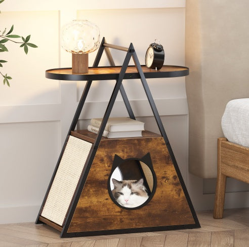 Cat & Meow Neoclassical Wood Triangular House with End Table Functional Vintage Style Cat Condo Pet Furniture 23L x 13W x 30H