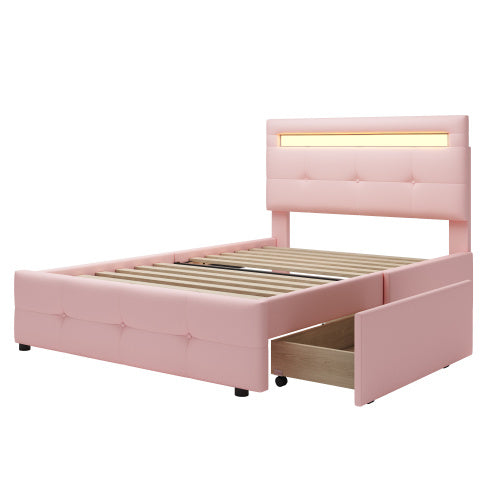 Reservoir LED Elegant 35.4” x 78.8” Single Bed with Drawers and Linen Upholstery in Light Pink