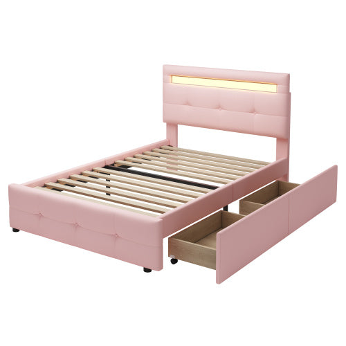 Reservoir LED Elegant 35.4” x 78.8” Single Bed with Drawers and Linen Upholstery in Light Pink