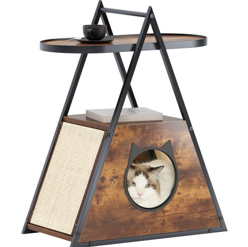 Cat & Meow Neoclassical Wood Triangular House with End Table Functional Vintage Style Cat Condo Pet Furniture 23L x 13W x 30H