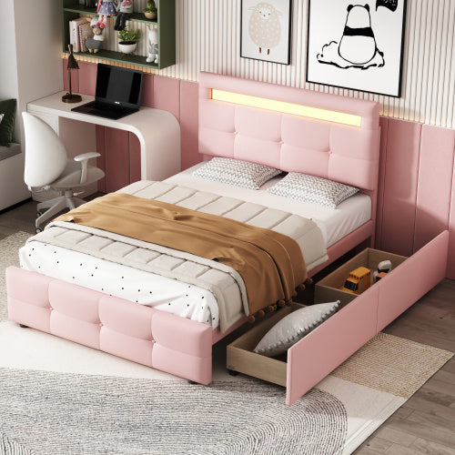Reservoir LED Elegant 35.4” x 78.8” Single Bed with Drawers and Linen Upholstery in Light Pink