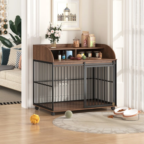 Maple Haven Wooden Indoor Pet Condo Lockable Kennel Heavy Duty with Wheels Suitable For Large Pets Table End Crate Double Storage in Brown 44” x 29” x 40”