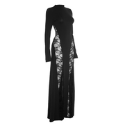 Mystique Deep Stitching Lace Sheath Long Sleeve Socialite Maxi Dress in Black Size S, M, L