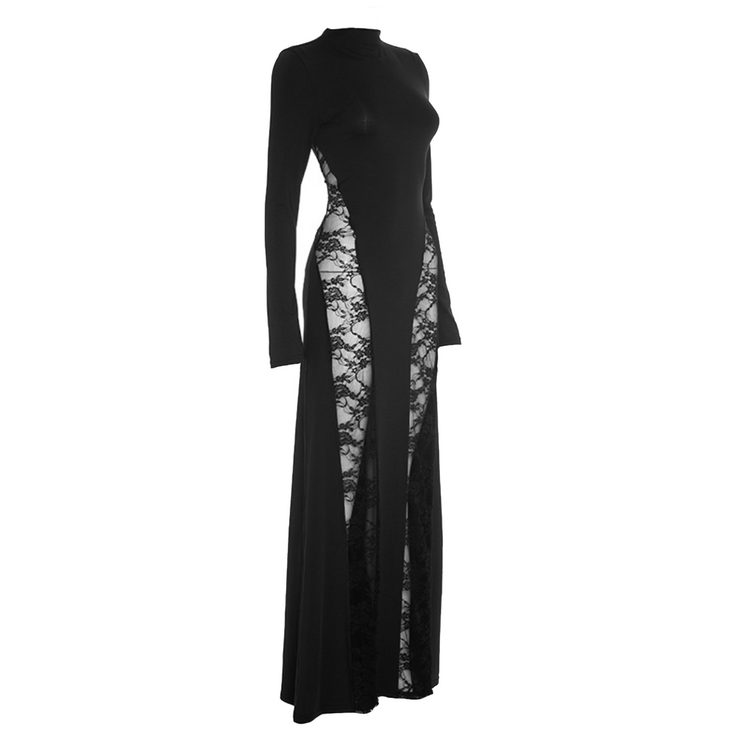 Mystique Deep Stitching Lace Sheath Long Sleeve Socialite Maxi Dress in Black Size S, M, L