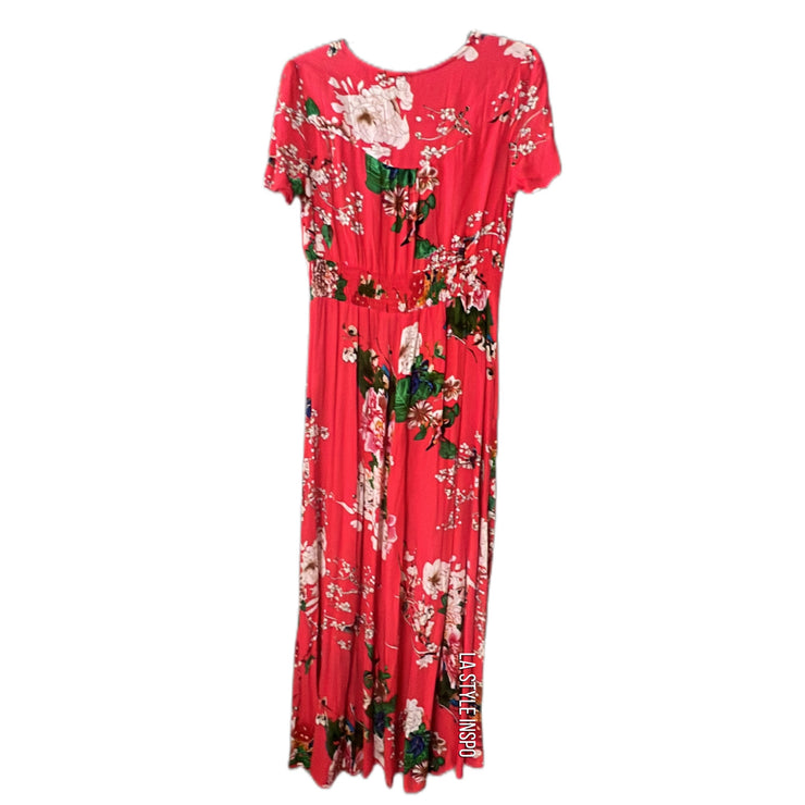 Marbella Red Floral Button Front Maxi Dress Size M