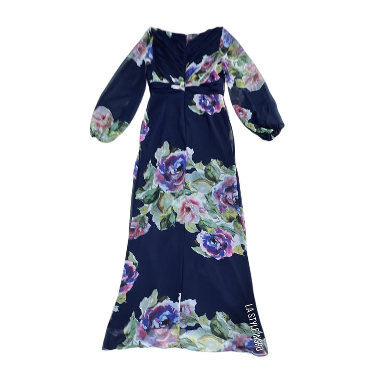 Adrianna Papell Long Sleeved Maxi Dress Gown Floral Blue Size 6