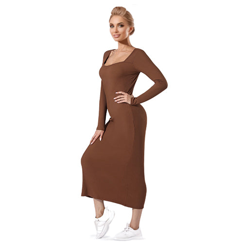 Accentuate Simply Beauty Maxi Dress Deep Neck Solid Color Coffee and Brown Sizes, S, M, L, XL, 2X, 3X, 4X