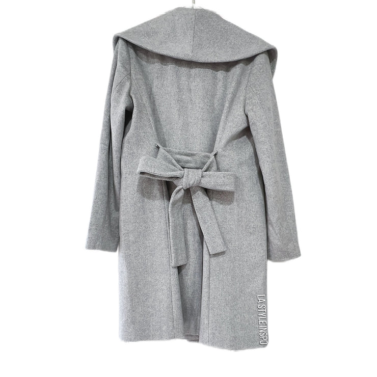 Ann Taylor Rayon Shad Collar Long Wrap Coat Belted Light Herringbone Gray Small
