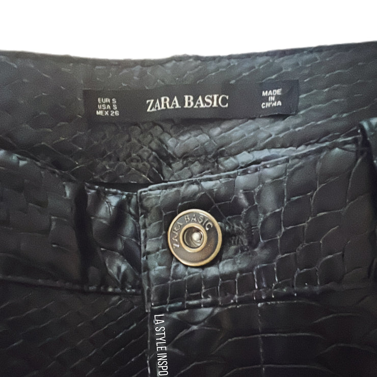 Zara Faux Leather Animal Pencil Skirt Front Side Slits Print Black Size M
