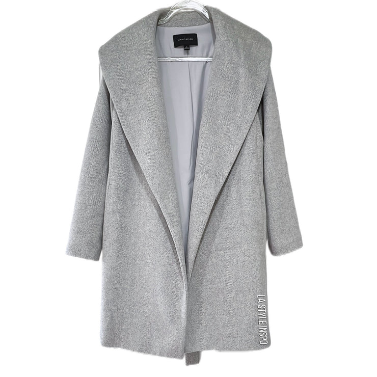 Ann Taylor Rayon Shad Collar Long Wrap Coat Belted Light Herringbone Gray Small