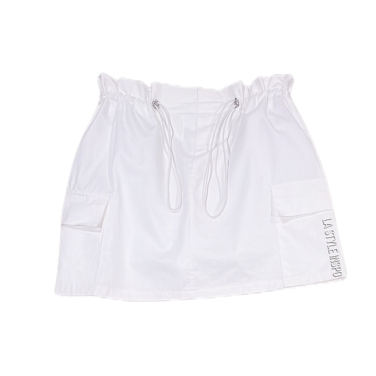 Coquette Drawstring Mini Skirt with Two Side Pockets Size in Color Snow White Small Medium