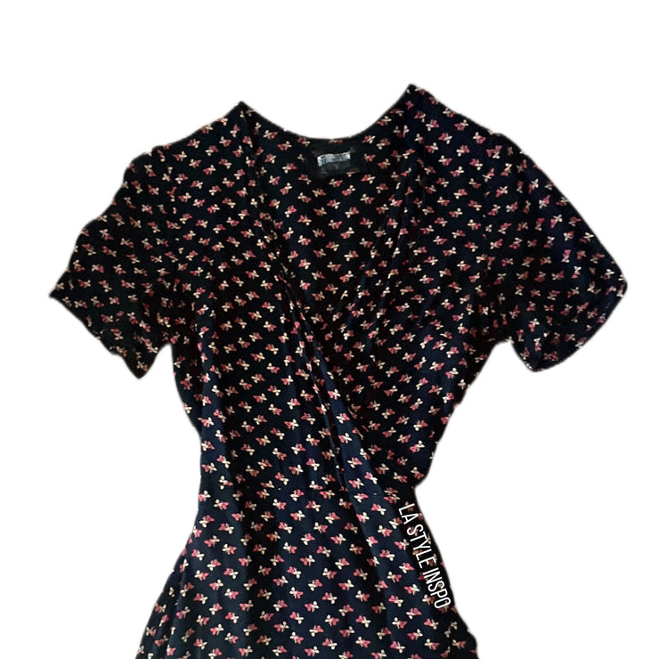 Reformation Floral Wrap Dress Short Sleeve Dark Blue Size 6