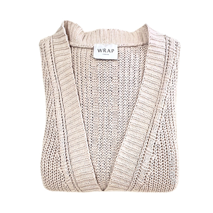 WRAP London Maxi Cardigan Open Front Cotton Knit Beige Tan Size 12