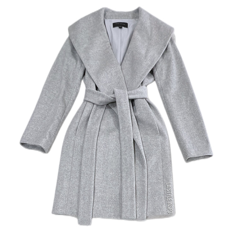 Ann Taylor Rayon Shad Collar Long Wrap Coat Belted Light Herringbone Gray Small
