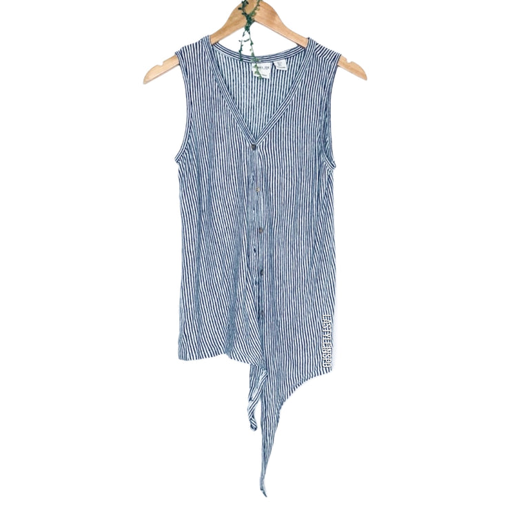 Rachel Zoe Linen Blouse Sleeveless Stripped Top Tie Bow Buttoned Shirt Size Small