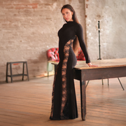 Mystique Deep Stitching Lace Sheath Long Sleeve Socialite Maxi Dress in Black Size S, M, L