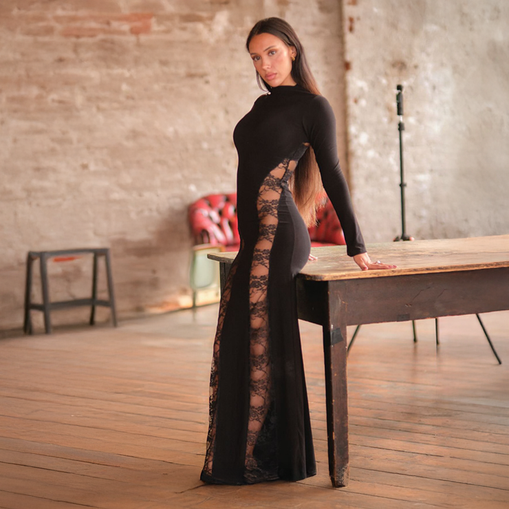 Mystique Deep Stitching Lace Sheath Long Sleeve Socialite Maxi Dress in Black Size S, M, L