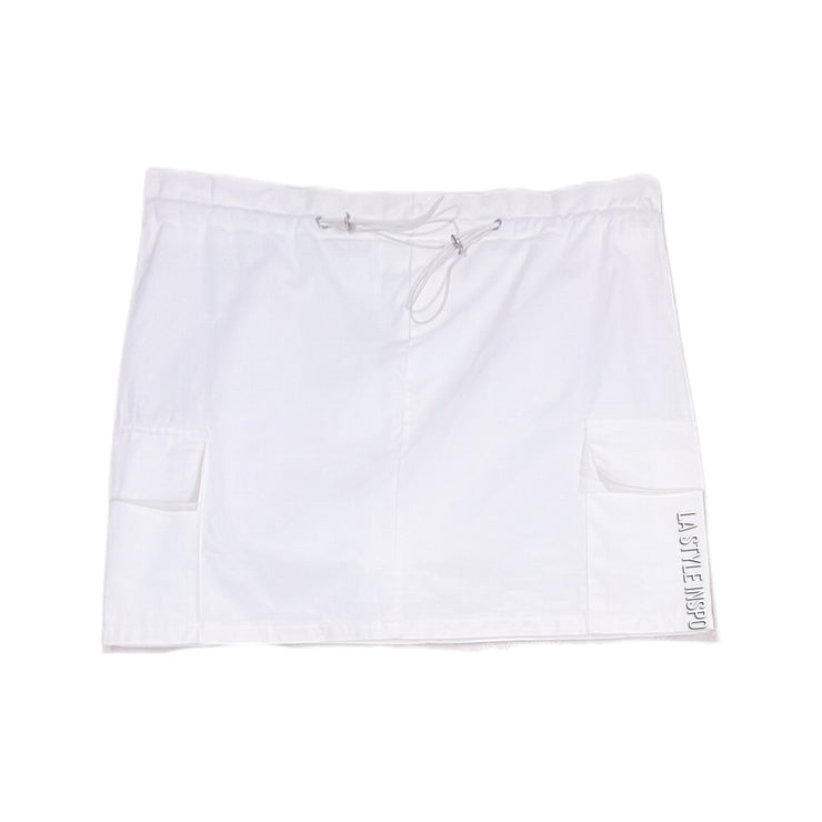 Coquette Drawstring Mini Skirt with Two Side Pockets Size in Color Snow White Small Medium