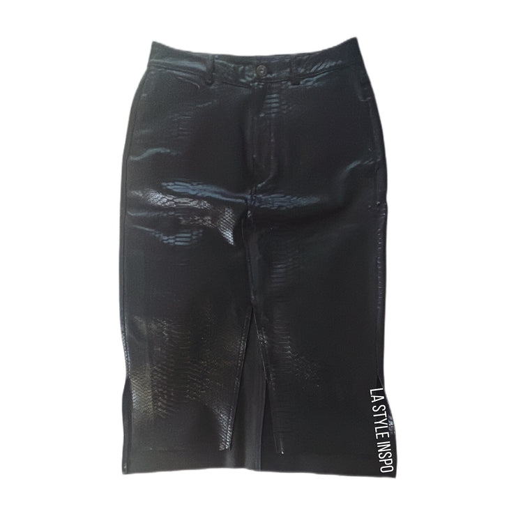 Zara Faux Leather Animal Pencil Skirt Front Side Slits Print Black Size M