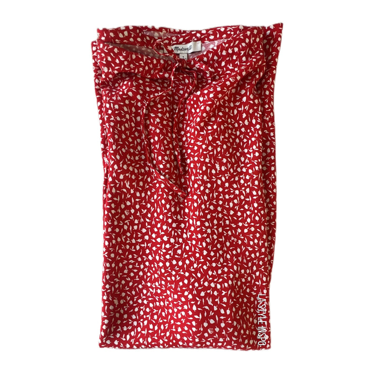 Madewell Drawstring Midi Skirt Side Slit Picnic Pattern in Red Brick Size 6