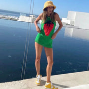 Watermelon Strawberry Tank Dress Green As Seen on Hailey Bieber Size S, M, L