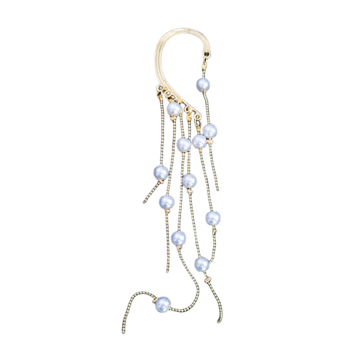Pearl Goddess Gold Ear Clip Jewelry Tassel One Piece Extra Long Earrings 6.9”
