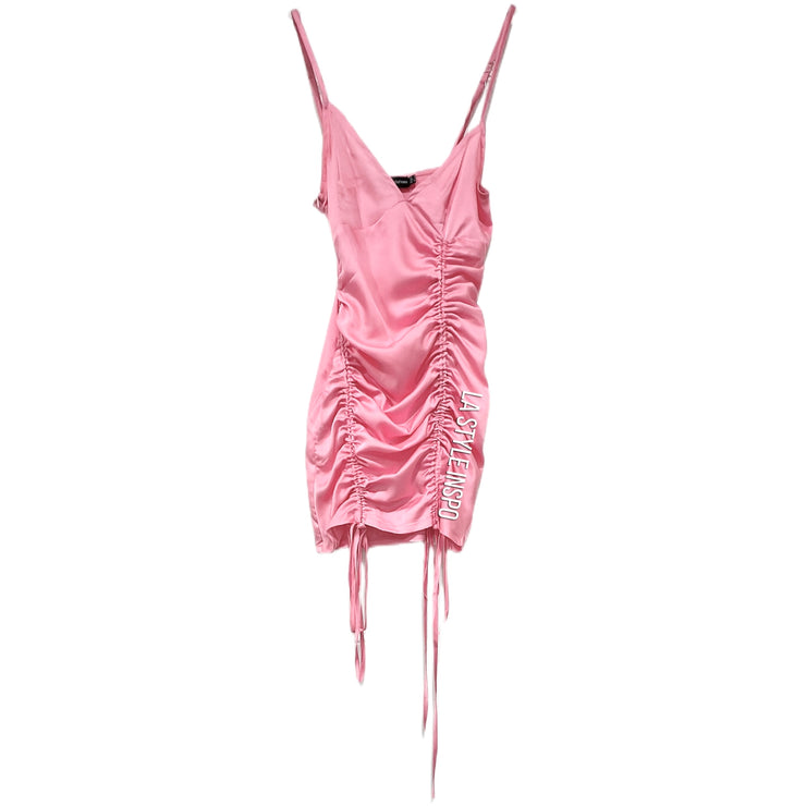 PrettyLittleThing Satin Dress Asymmetrical Adjustable Length in Bubblegum Pink Size 2