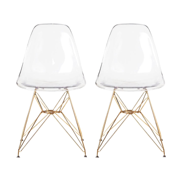 Eames Eiffel Tower Gold Base Ghost Chair Modern Style Clear Transparent with Golden Legs (Set of 2) Dining Chairs
