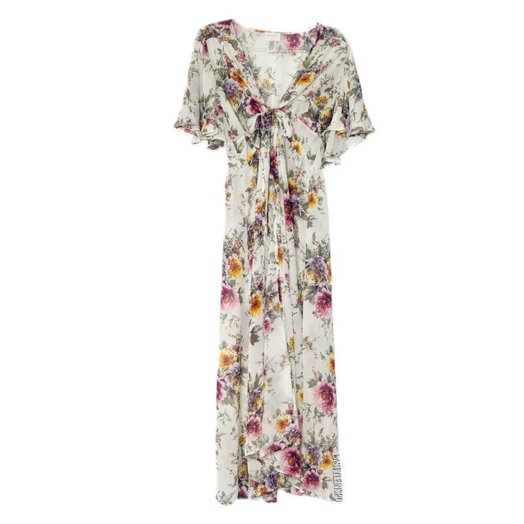 Allie Rose White Maxi Dress Floral Front Open Bow Size Medium