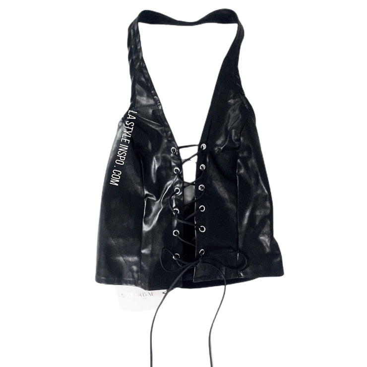 NEW Vegan Leather Black Halter Top Cross Strap As Seen on SZA XS