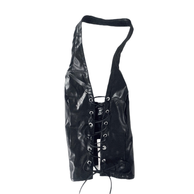 NEW Vegan Leather Black Halter Top Cross Strap As Seen on SZA XS