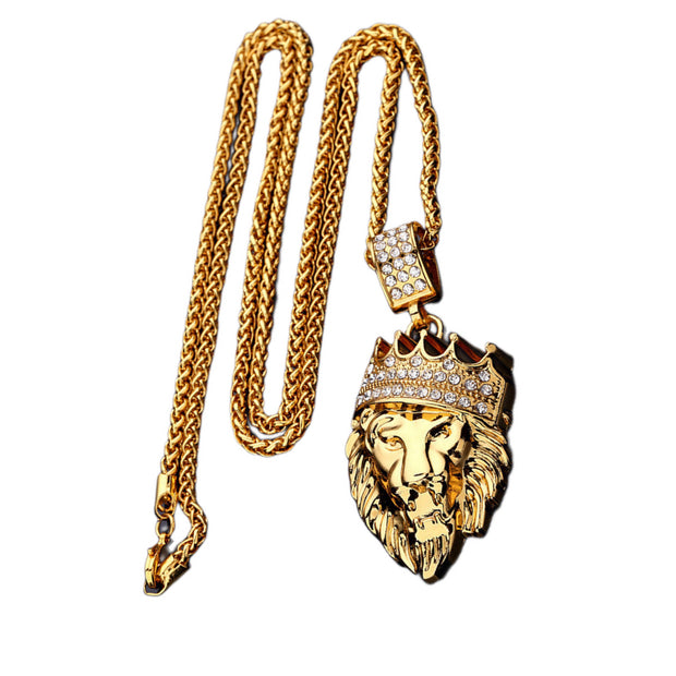 Gold Lion Men Chain King Crown Pendant Necklace Hip Hop Steampunk 29.5” / 75cm