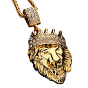 Gold Lion Men Chain King Crown Pendant Necklace Hip Hop Steampunk 29.5” / 75cm