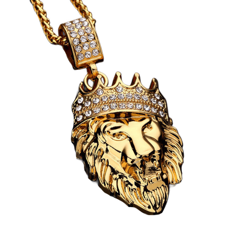 Gold Lion Men Chain King Crown Pendant Necklace Hip Hop Steampunk 29.5” / 75cm