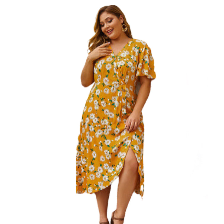 Floral Midi Dress Long Bell Sleeves in Yellow and Royal Blue Plus Size LA Style Inspo Floral Midi Dress Long Bell Sleeves in Yellow and Royal Blue Plus Size LA Style Inspo