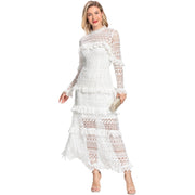 Boho Laced Maxi Dress Long Sleeved Mini Ruffles Color White Size S, M, L, XL, XXL, 3XL