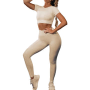 Seamless Yoga Sport Set Full Leggings and Short Sleeve Top Color Orange, Beige, Soft Pink, Blue, Grey, Purple Size S, M, L