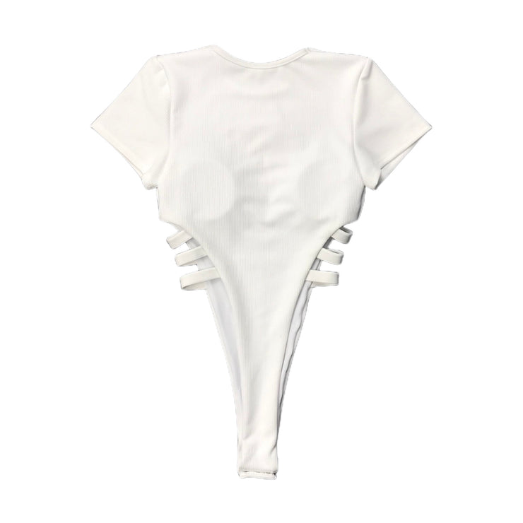 LA Girl Women’s Bodysuit Swimwear One Piece Swimsuit Shape Short Sleeved Cut Out Waist Snake / White Solid Size S, M, L