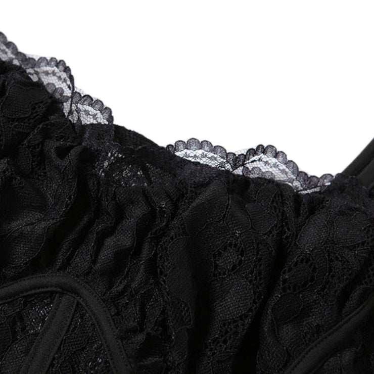 Lace Empress Cotton Midi Dress High Slit Splicing Perspective Long Sleeve Black Size S, M, L