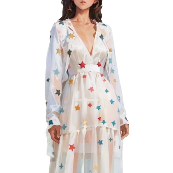 Bohemian Star Embroidered Maxi Dress Long Sleeve Cotton in White, Black Size S, M, L, XL