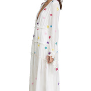 Bohemian Star Embroidered Maxi Dress Long Sleeve Cotton in White, Black Size S, M, L, XL
