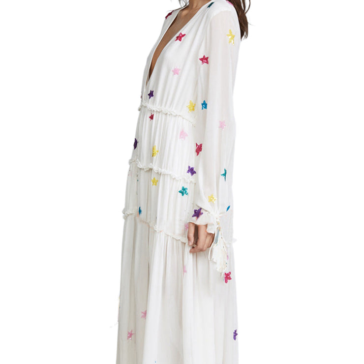 Bohemian Star Embroidered Maxi Dress Long Sleeve Cotton in White, Black Size S, M, L, XL