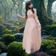 Renaissance Summer Maxi Dress Retro Gown Lace Ruffled Embroidered in Pale Pink Size S, M, L