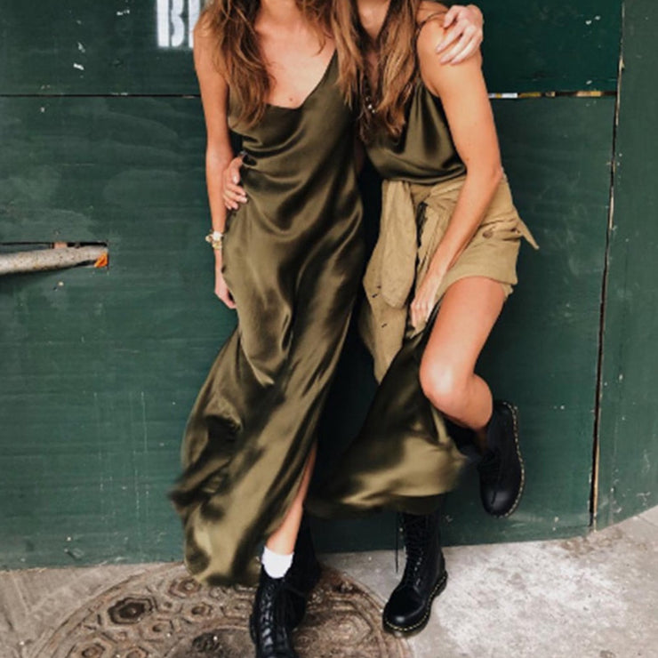 Revolver Midi Dress Sided Slit V Neck  Sexy Women Satin V Neck Maxi Backless Side Split Long Dress Size S, M, L